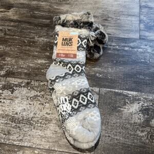 Muk Luks Womens Cabin Sock L/XL 8-10 Gray Cozy Faux Fur Slip‎ Resistant Winter